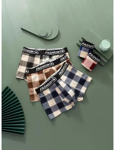 3pcs Men's Casual Plaid Boxer Briefs Shorts, Sexy Breathable Comfy Stretchy Boxer Trunks, Men's Underwear