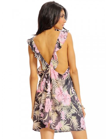 Women Sexy Floral Print Loose Backless Pleat Sleeveless Dress