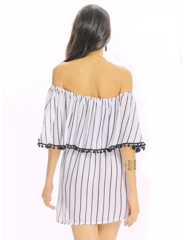 Women Sexy Off-shoulder Stripe Backless Loose Half Sleeve Mini Dress