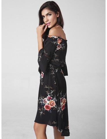 Lztlylzt Floral Print Off-shoulder Irregular Horn Sleeve Women Dress