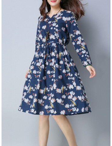 Casual Floral Print Drawstring Waist Long Sleeve Women Dresses