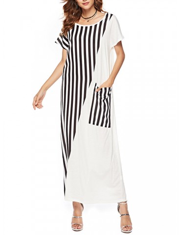 Stripe Patchwork Short Sleeve Loose Casual Dress For Women