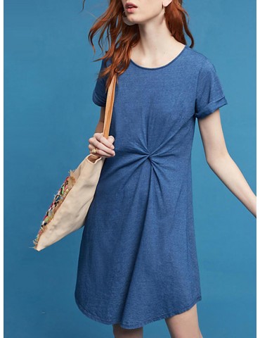 Pleated Pure Color Irregular Short Sleeves O-neck Casual Dresses