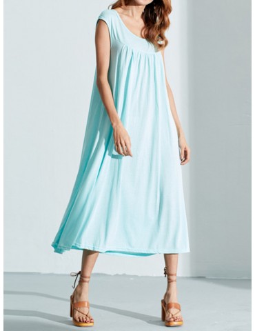 Solid Color Sleevelss U-neck Cotton Casual Dresses