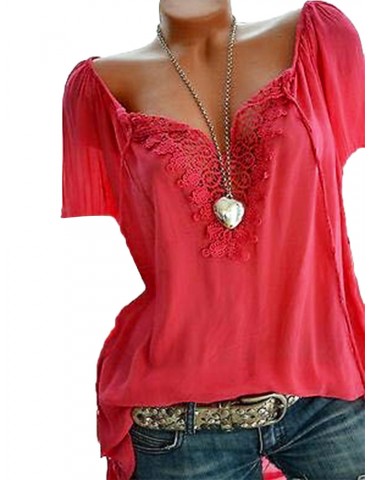 Lace Crochet Short Sleeve Pure Color V-neck Shirts