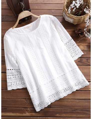 Lace Hollow Solid Color Half Sleeve Elegant Shirts