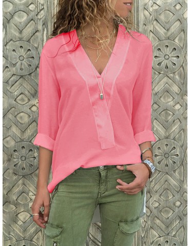 Patchwork Solid Color Long Sleeve V-neck Casual Blouse