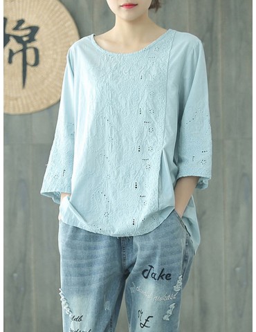 Lace Solid Color Hallow 3/4 Sleeve Casual Blouse