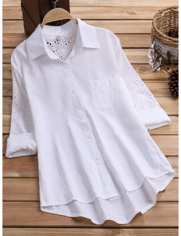 Hollow-out Turn-down Collar Casual White Shirts