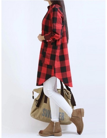 Women Long Sleeve Boyfriend Scottish Plaid Pockets Button Blouses