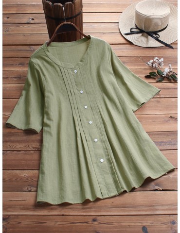 Pleated Solid Color Short Sleeve Casual Blouse