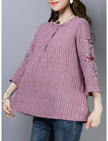 Floral Embroidery Stripe 3/4 Sleeve Blouse For Women