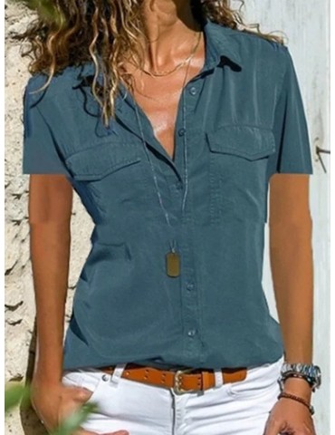 Short Sleeve Solid Color Lapel Casual Shirt For Women