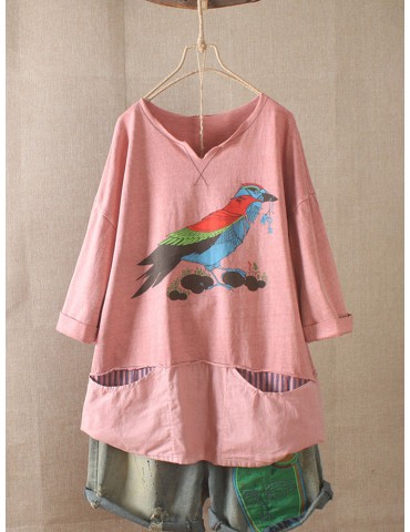 Printed Bird V-neck Half Sleeve Pockets T-Shirt