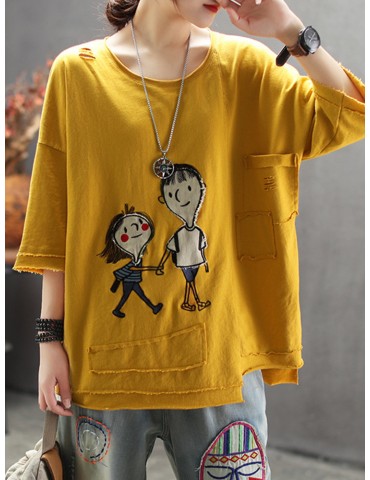 Embroidery Cartoon Short Sleeve Casual Cute T-Shirt