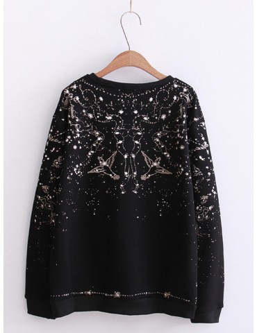 Starry Sky Birds Print Long Sleeve Black Pullover Sweatshirt