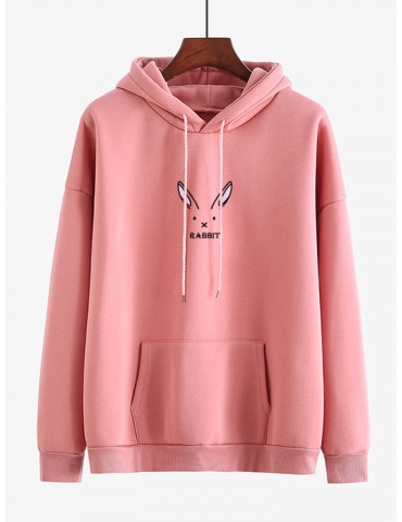 Print Rabbit Loose Pocket Hooded Sweatshirt