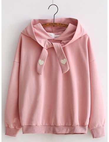 Solid Color Long Sleeve Heart Pattern Tie Neck Hooded Hoodie