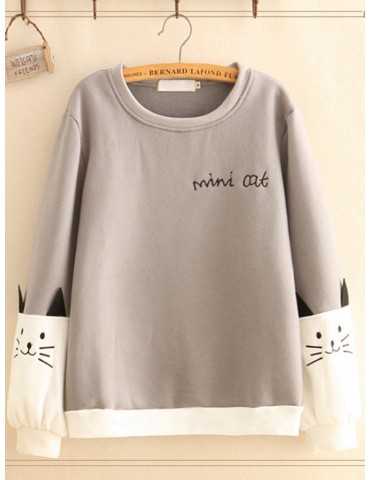 Women Cute Cat Print Patchwork Cotton Loose Crew Neck Sweatshirt