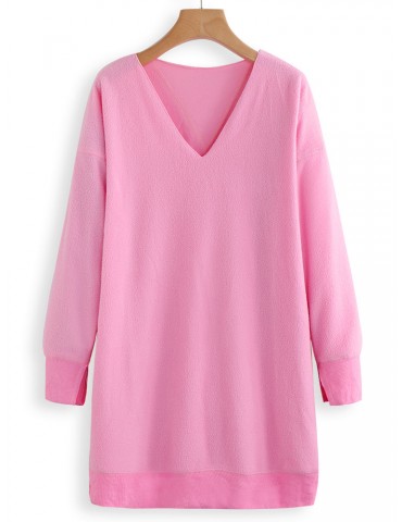 Fleece Long Sleeve V Neck Mid Length Sweatshirt