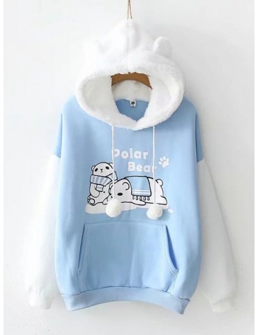 Women Cute Patchwork Cartoon Print Long Sleeve Hoodie