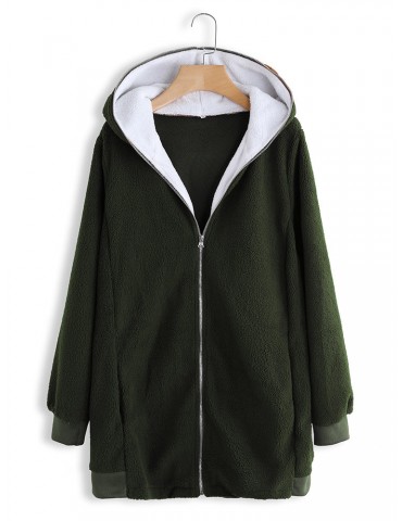 Solid Color Long Sleeve Autumn Winter Plush Long Hooded Sweatshirt