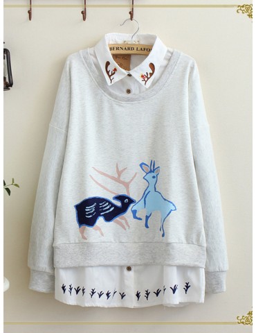 Deer Print Fake Two Pieces Turn Down Collar Sweatshirt