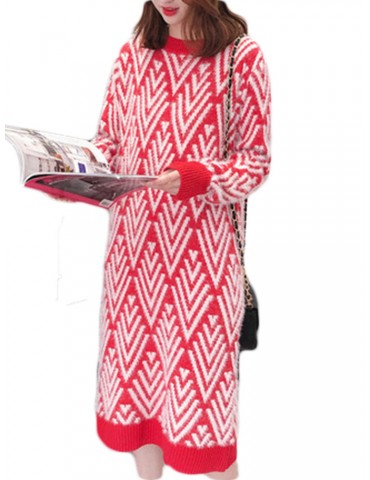 Printed O-neck Casual Knee-length Sweater Dress