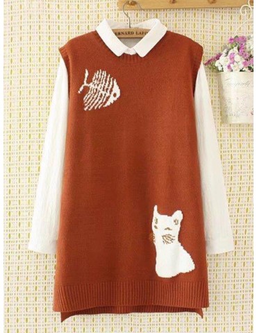 Casual Knit Cat Fish Crew Neck Vest Sweater