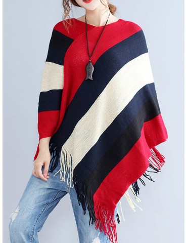 Color Matching Tassel V-neck Bat Pullover Sweater