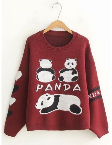 Panda Jacquard Crew Neck Long Sleeve Casual Sweater