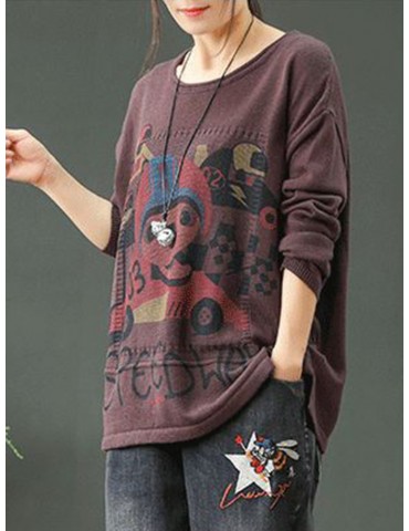 Letter Cartoon Print Long Sleeve Casual Women Sweater