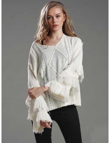 Knit Tassels V Neck Long Sleeve Casual Sweater