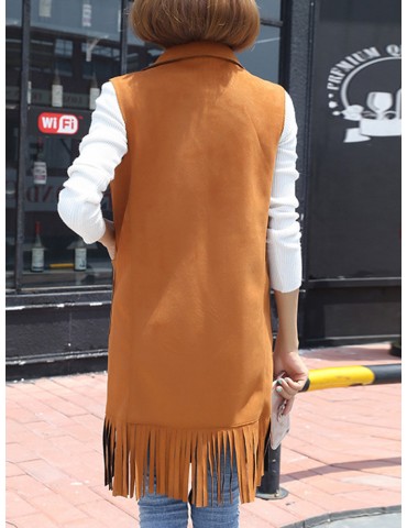 Fringed Suede Lapels Sleeveless Trench Coat Vest