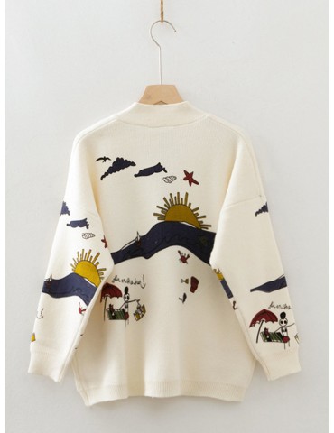 Loose Printed Long Sleeve Knit Sweater Cardigan