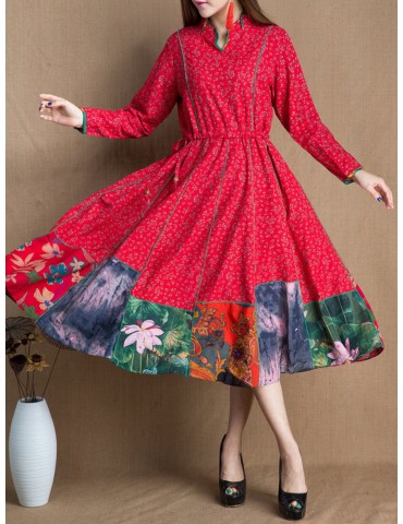 Floral Printed Large Hem Patchwork Cotton Dress for Women