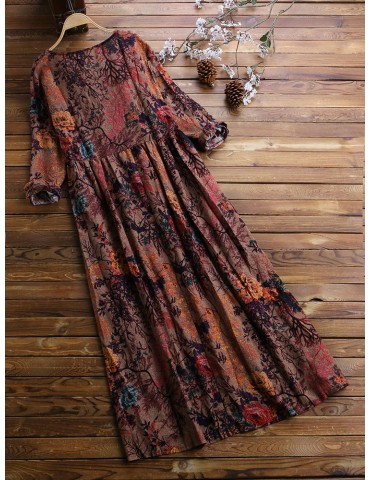 Vintage Floral Print Pleated V-neck Plus Size Maxi Dress