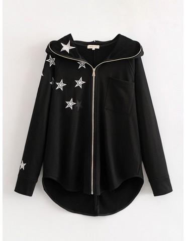 Star Print Hooded Irregular Zipper Coat