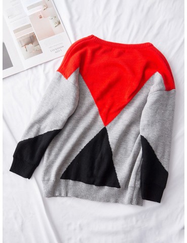 Patchwork Triangle Print Long Sleeve Plus Size Sweatshirt