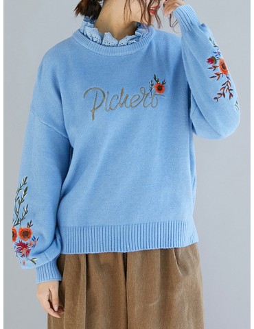 Ruffled Collar Embroidery Warm Sweater for Women