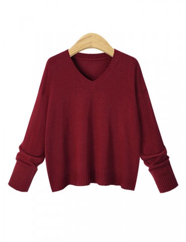 Solid Color V-Neck Long Sleeve Knit Sweater