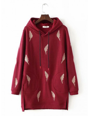 Embroidery Loose Print Drawstring Pocket Hoodie for Women