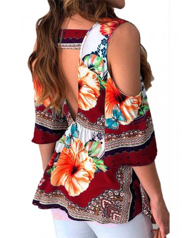 Bohemian Ethnic Print Cold Shoulder Plus Size Blouse