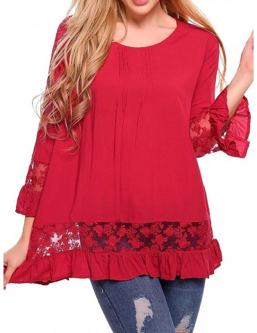 Lace Crochet Trumpet Sleeve Long Sleeve Plus Size Blouse