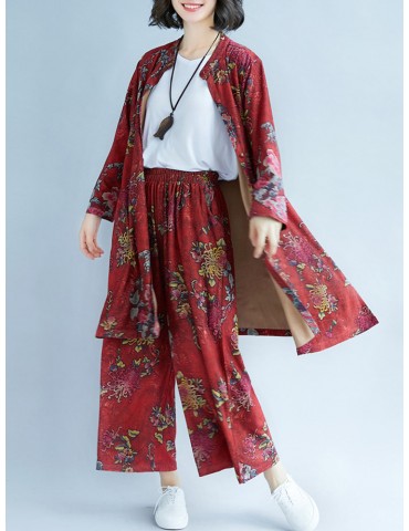 Vintage Print Blouse and Pants Suit for Women