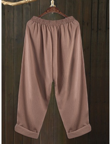 Solid Color Pocket Elastic Waist Vintage Pants