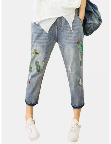 Vintage Cartoon Elastic Waist Denim Pants