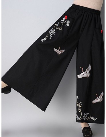 Vintage Embroidery Elastic Waist Wide Leg Pants