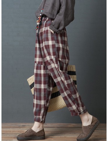 Vintage Plaid Elastic Waist Harem Pants