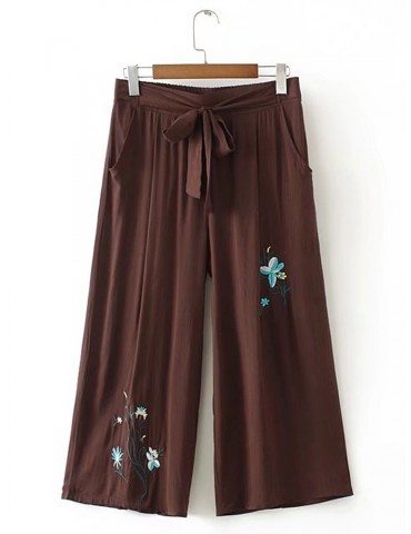 Vintage Loose Embroidery Elastic Waist Wide Leg Pants For Women